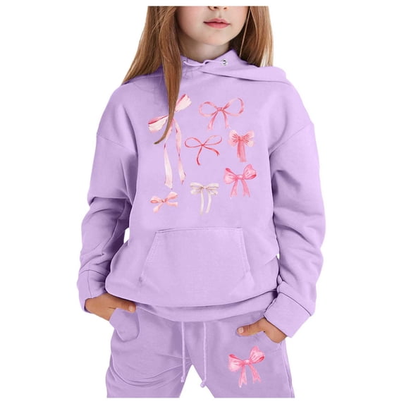 Girls' Letter-Print Hooded Sweatshirt - Child Boys Girls Long Sleeve Solid Warm Hoodie Pullover Tops Pants Kids Outfits Sweat Suit (Purple,5-6 Years)