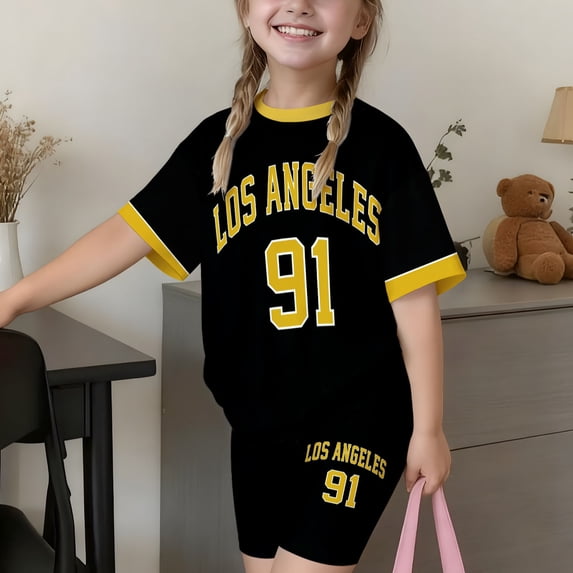 Girls Letter Print Short Sleeve Shorts Casual Summer Outfit For Toddler Kids