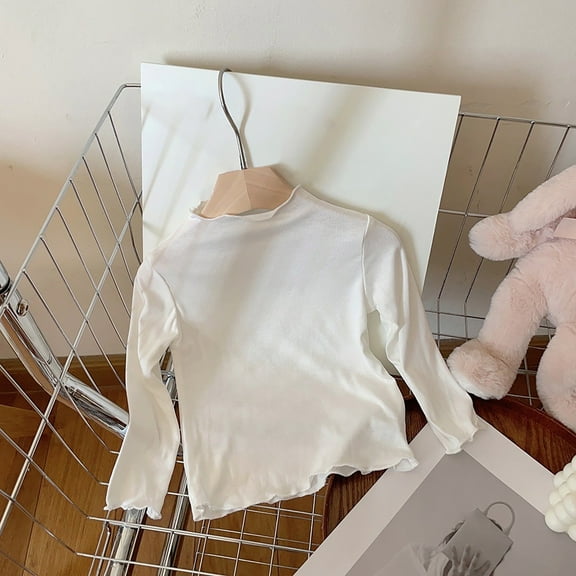 Girls Lettuce Edge Trim Crewneck Long Sleeve Slim Fit Shirt Toddler Basic Ribbed Knit Tee Ruffle Shoulder Tops，Girls Solid Color Collar Long Sleeve Blouse Ruffle Trim Layering Tee Shirt For Toddler