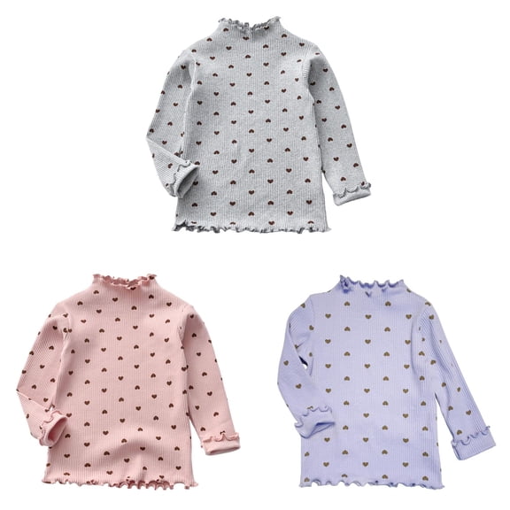 Girls Lettuce Trim Mock Neck Long Sleeve Shirts Ribbed Knit Slim Fit Base Layer for Toddler Girls Scalloped T-Shirt Cotton Heart Print Blouse Kids Girls Tops Tees