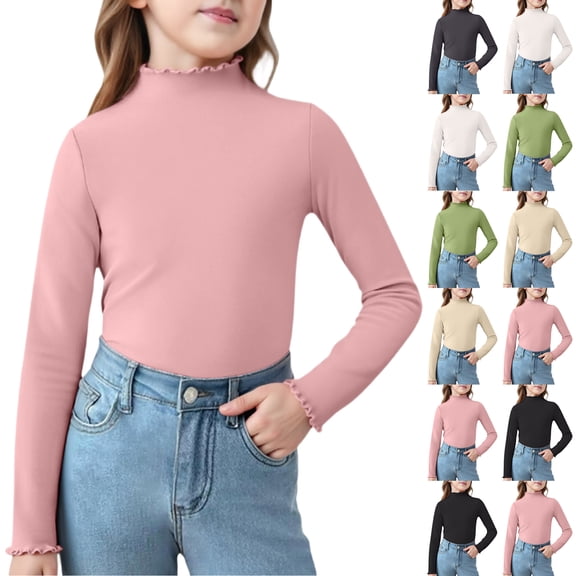 Girls Lettuce Trim Mock Neck Shirt Long Sleeve Undershirts Ribbed Knit Slim Fit Buttry Soft Winter Fall Base Layer Tops White 100