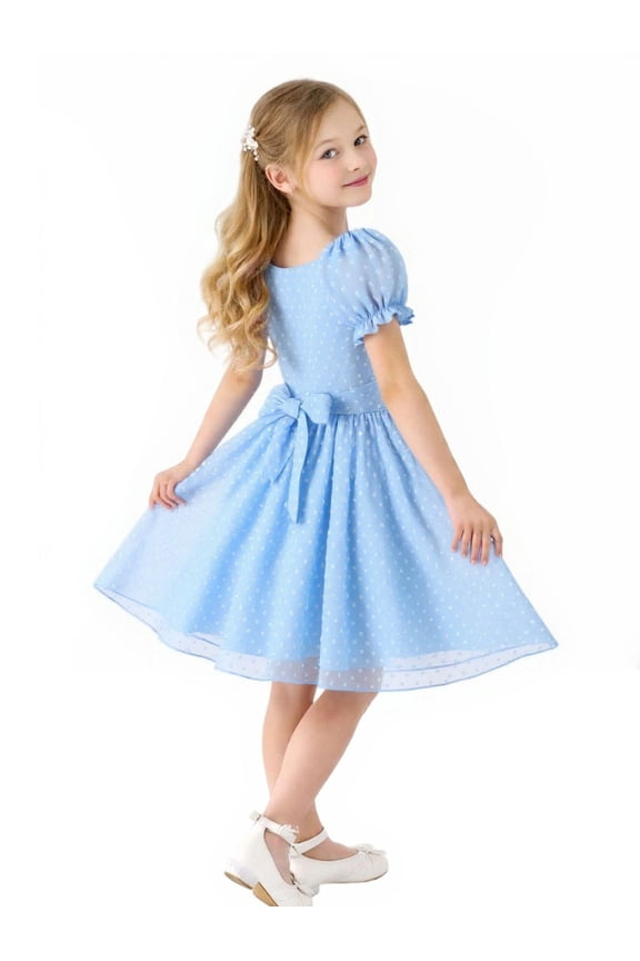 Girls Light Blue Swiss Dot Puff Sleeve Polyester Dress 6-7Y Little Girls