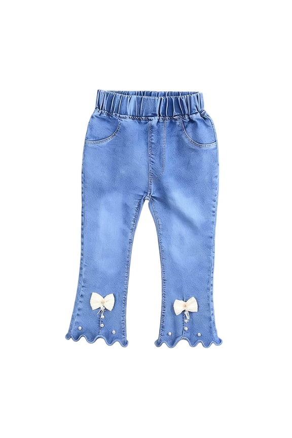 Girls Light Blue Flare Jeans Elastic High Waist Bootcut Leg Raw Hem with Bow & Pearl Detail 4-12 Years,Size 4-5 T