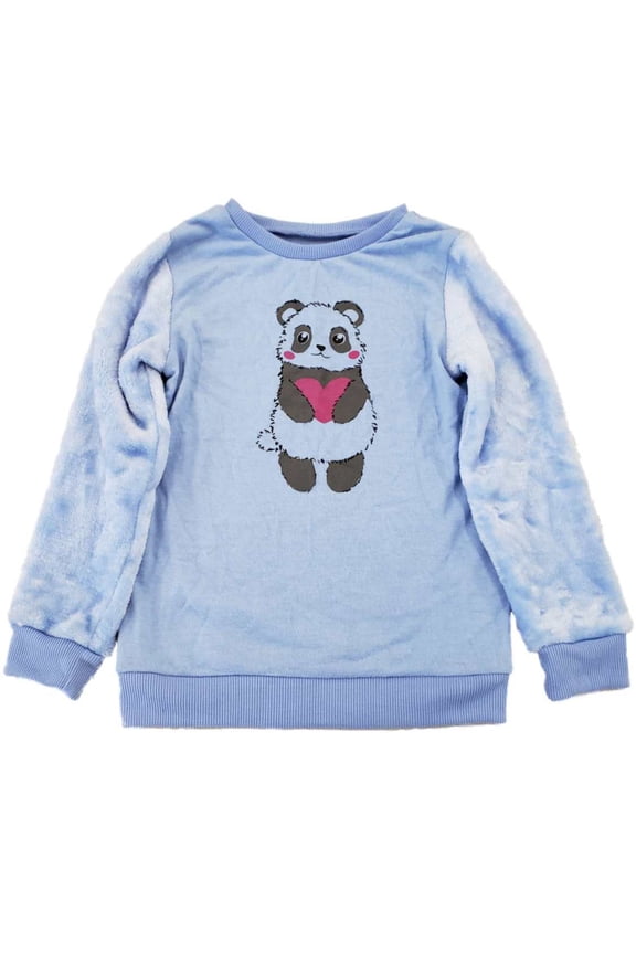 Girls Light Blue Panda Bear Heart Hug Fuzzy Plush Winter Sweatshirt Shirt Top S