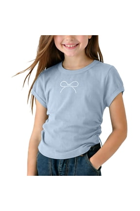 Girls Light Blue Rhinestone Bow T-Shirt Kids Soft 100% Cotton Crewneck Short Sleeve Ruched Side Cute Top,Size 2-3T