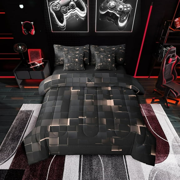Light Pink Black Full Bedding Set,Abstract Geometric Comforter Set 7 Piece Neon Plaid Checkered Bed in a bag For Teen Women Stereoscopic Square Grids Bed Set