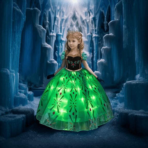 Girls Light-Up Princess Costume, Emerald Green & Black LED Party Gown, Magical Winter Fancy Dress for Halloween, Christmas, Cosplay & Birthday