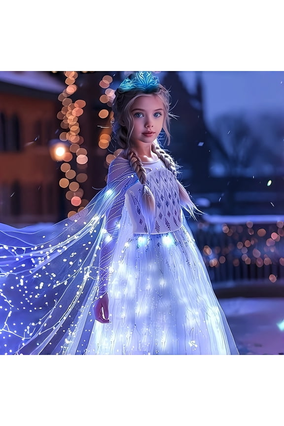 Girls Light Up Princess Costume with LED Lights – Snow Queen Cosplay Dress for Halloween, Christmas, Birthday Party & Carnival