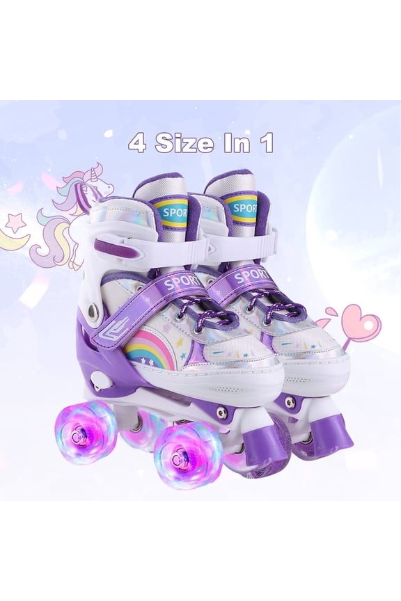 Girls' Light Up Roller Skates Adjustable 4 Sizes (Ages 7-12)Sparkle Wheels,Purple,Indoor Outdoor Skates for Kids