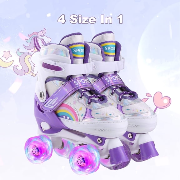 Girls' Light Up Roller Skates Adjustable 4 Sizes (Ages 7-12)Sparkle Wheels,Purple,Indoor Outdoor Skates for Kids
