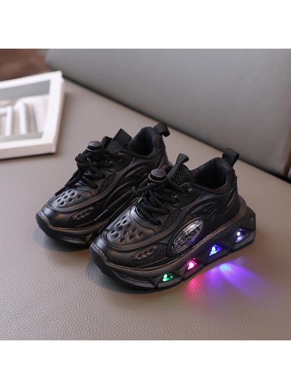 Girls Light Up Sneakers LED Flashing Kids Shoes Breathable Non-Slip with Bungee Laces Black,Size 23