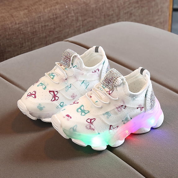Girls Light-Up Sneakers with Butterfly Print, Breathable Mesh Lace-Up Shoes, Cushioned Glowing Daddy Shoes for Kids