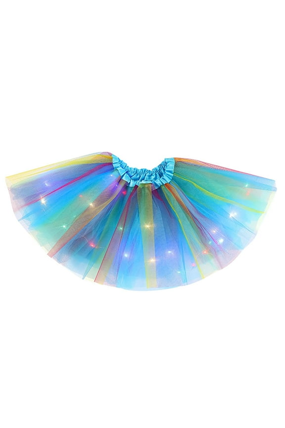 Girls Light Up Tulle Skirt Elastic Waist Layered Mesh LED Tutu Skirts Rainbow Dance Ballet Little Girl's Fashion, Blue, 3-9 Years