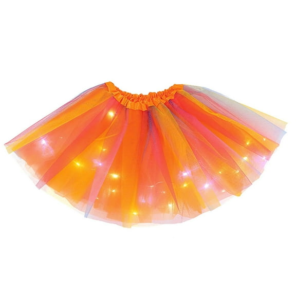 Girls Light Up Tulle Skirt Elastic Waist Layered Mesh LED Tutu Skirts Rainbow Dance Ballet Little Girl's Fashion, Orange, 3-9 Years