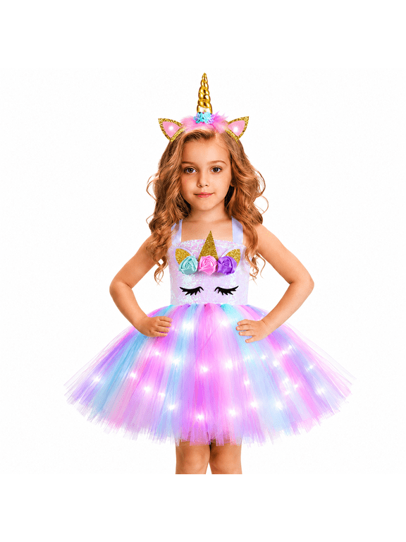 Girls Light Up Unicorn Tutu Dress, Rainbow LED Costume Dress with Unicorn Headband for Birthday Halloween Party Dress Up