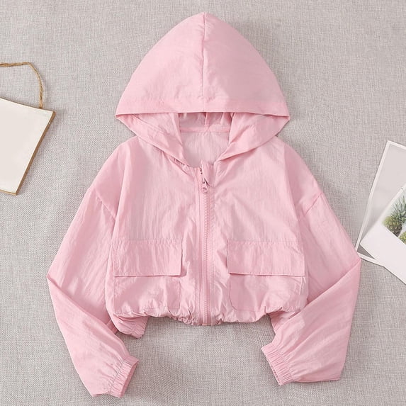Girls Lightweight Hooded Jacket for Spring and Summer, Solid Color Casual Outerwear