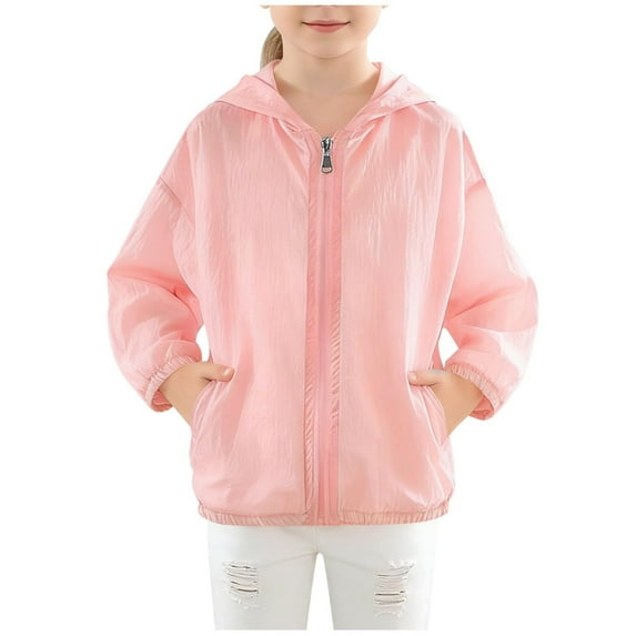 Girls Lightweight Hooded Windbreaker Jacket UPF 50+ Sun Protection Water Resistant Packable Pink Nylon Spandex,Size 2-3 T