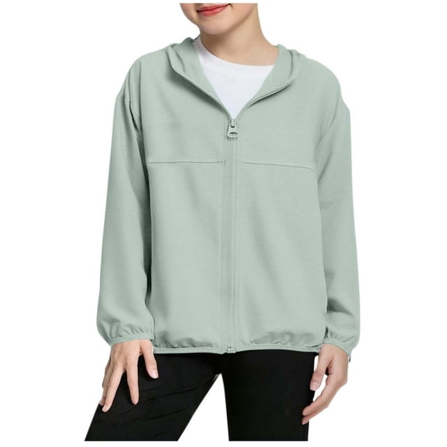 Girls Lightweight Jacket Hooded Windbreaker, UPF 50+ Sun Protection Packable Running Jacket for Kids (Mint Green),Size 12-13 T