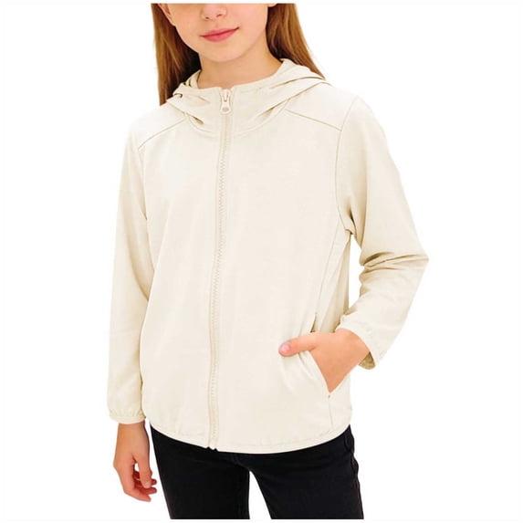 Girls Lightweight Jacket White Hooded Windbreaker, UPF Sun Protection Zip Up Packable Stretch Jacket for School & Outdoor Play,Size 12-13 T