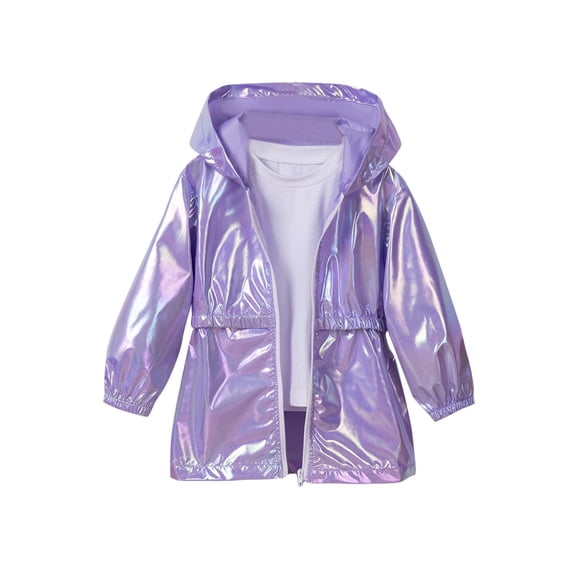 Girls Lightweight Metallic Hooded Jacket Casual Full Zip Long Sleeve Coat Shimmering Shiny Tunic Outerwear