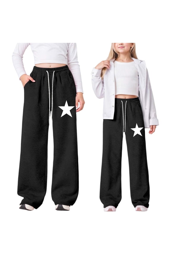 Girls' Lightweight Straight Wide Leg Pants with Pockets Stars Print Minimalist Casual Trendy Cargo Sweatpants - Sports Outdoor Back to School (Spring & Fall)
