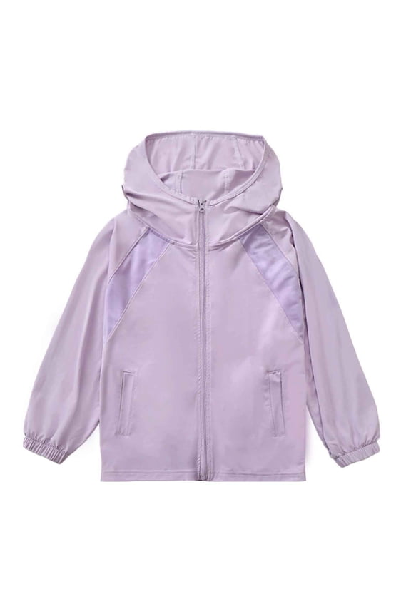Girls' Lightweight Sun Jacket Hooded Windbreaker UPF 50 Quick-Dry Breathable Purple with Mesh for Outdoor Play Beach Hiking,Size 8 T