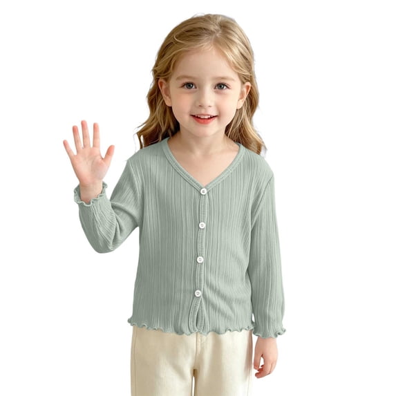Girls Lightweight V Neck Cardigan School Uniforms Long Sleeve Button Down Ruffle Casual Cardigans