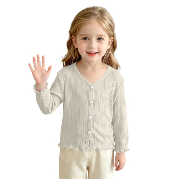 Girls Lightweight V Neck Cardigan School Uniforms Long Sleeve Button Down Ruffle Casual Cardigans