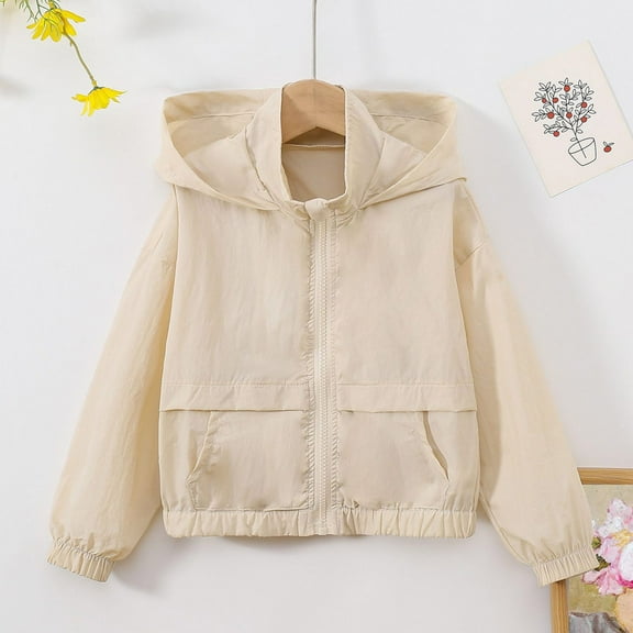 Girls Lightweight Windbreaker Hoodies Jacket Waterproof Packable Raincoats (Beige 3-4 Years)
