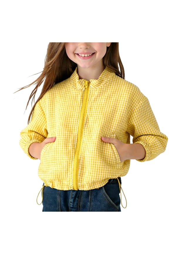 Girls Lightweight Zip Up Jacket Sun Protection Yellow Long Sleeve Bomber Style Side Pockets Adjustable Hem Kids Girl Spring Summer 2T-7,Size 2-3T