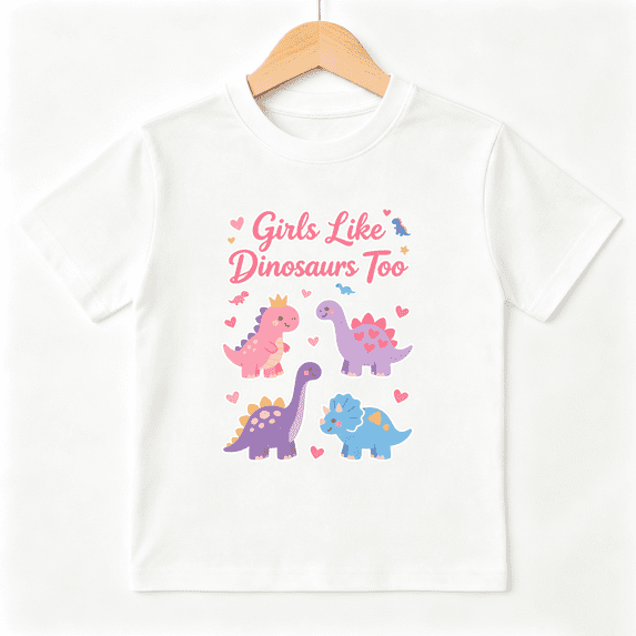 Girls Like Dinosaurs Too Girls Graphic Tee, Cute Pink Dino 100% Cotton Kids Short Sleeve T-Shirt