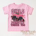 thumbnail image 1 of Girls Like Monster Trucks Too Shirt Pink Monster Truck Tee Toddler Truck Shirt TODDLER SHORT SLEEVE TEE BELLA CANVAS 3001T, 1 of 3