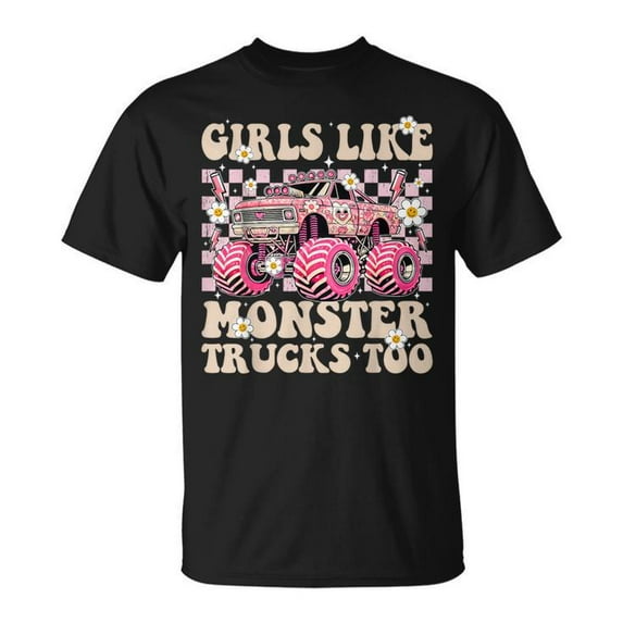 Girls Like Monster Trucks Too T-Shirt – Pink Monster Truck Shirt for Girls, Cute Off-Road Vehicle Tee, Gift for Little Girls Who Love Trucks