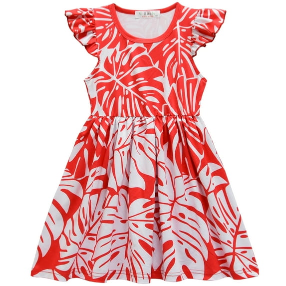 Girls Red Leaf Short Sleeve Dress Toddler Hawaiian Cosplay Party Wear