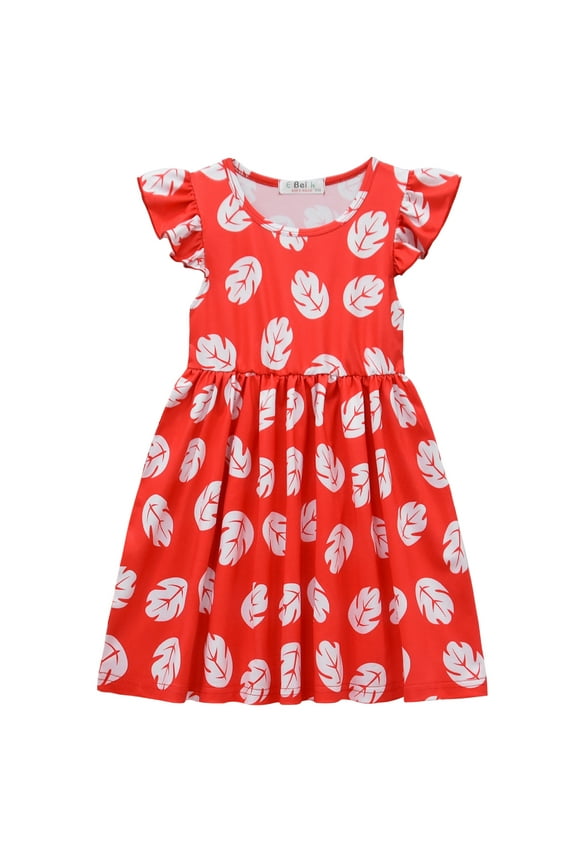 Girls Red Leaf Short Sleeve Dress Toddler Hawaiian Cosplay Party Wear