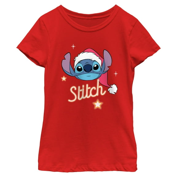 Girls Lilo & Stitch Christmas Hat Portrait Stars Stitch T Shirt