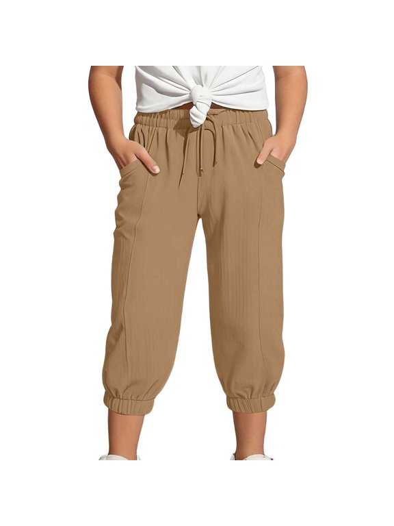 Girls Linen Capri Pants - Summer Loose Joggers Elastic High Waist Beach Capris Casual Cropped Trousers with Pockets for Kids Youth,Age 4-15 (Brown/150)