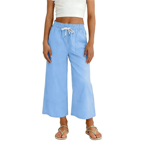 Girls' Linen Cotton Pants Wide Leg Cropped, Summer Casual Culottes with Elastic Waist & Pockets for Kids in Blue,Size 11-12T