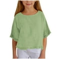 thumbnail image 1 of Girls' Linen Half-Sleeved Ruffled T-Shirt, 5-15 Years - Loose Casual Solid Color Top, 1 of 4