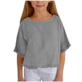thumbnail image 1 of Girls' Linen Half-Sleeved Ruffled T-Shirt, 5-15 Years - Loose Casual Solid Color Top, 1 of 4