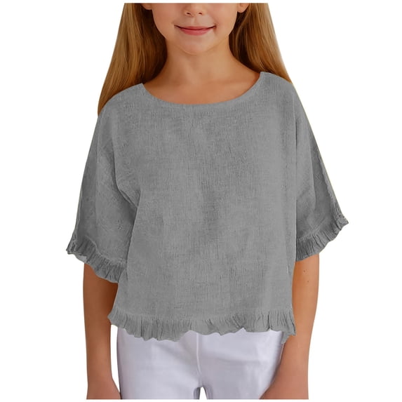 Girls' Linen Half-Sleeved Ruffled T-Shirt, 5-15 Years - Loose Casual Solid Color Top