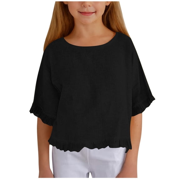 Girls' Linen Half-Sleeved Ruffled T-Shirt, 5-15 Years - Loose Casual Solid Color Top