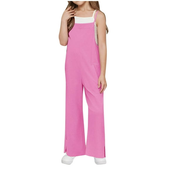 Girls Linen Jumpsuits Spaghetti Strap Casual Sleeveless Rompers Split Wide Leg Jumpsuit Jumpers Pocket Overalls, Pink, 5 Years