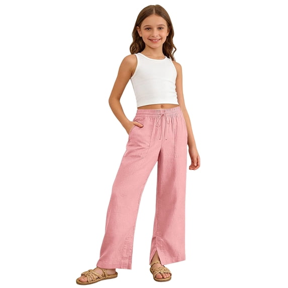 Girls Linen Pants Baggy Wide Leg Pants Casual Drawstring Pants Summer Fall Pants Loose Fit Trousers with Pockets 4T-4T