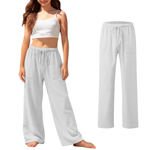 Girls Linen Pants - Breathable Baggy Wide Leg Flowy Pants High Waisted Loose Fit Comfy Beach Cover up Pants with Pockets