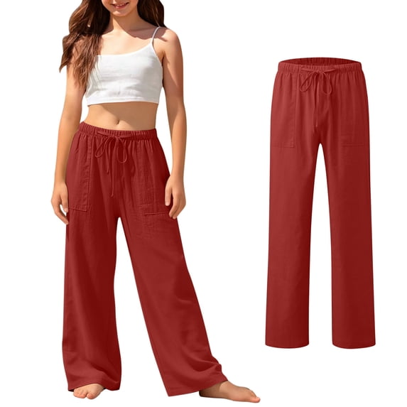 Girls Linen Pants - Breathable Baggy Wide Leg Flowy Pants High Waisted Loose Fit Comfy Beach Cover up Pants with Pockets