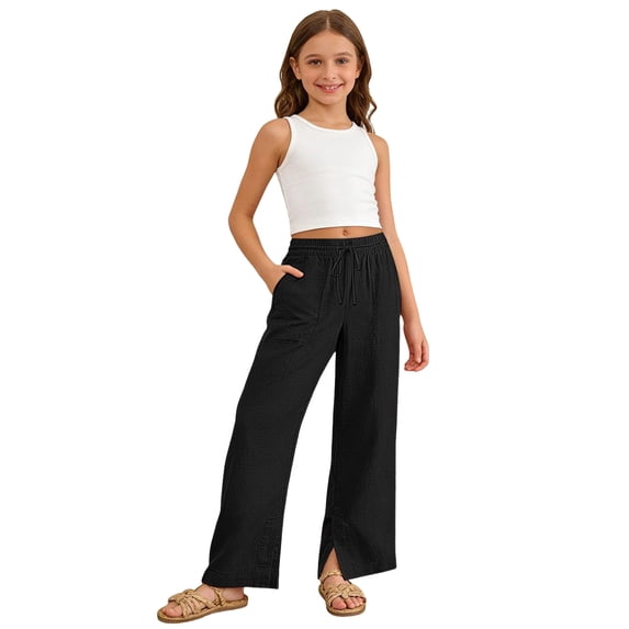 Girls Linen Pants Wide Leg Pants Casual Drawstring Pants Loose Fit Pants with Pockets 4T-4T