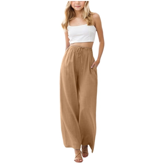 Girls Linen Pants Wide Leg School Uniform Pants Cozy Elastic Waist Summer Casual Beach Loungewear Trousers with Pockets Beige