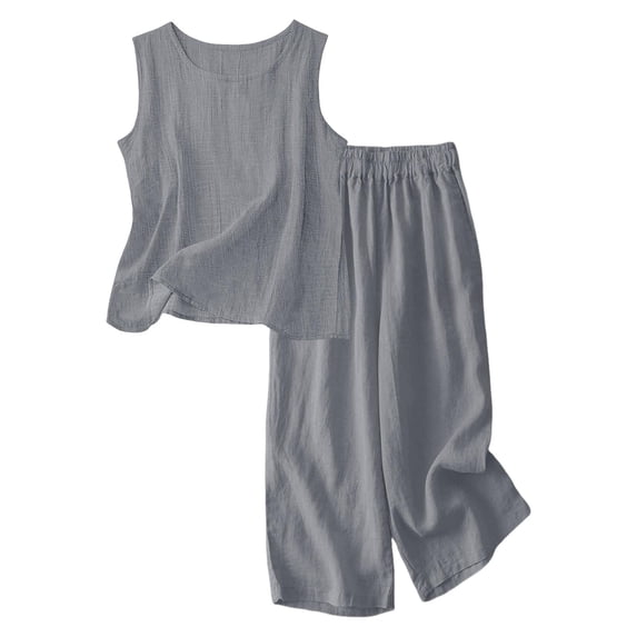 Girls Linen Set 2 Piece Outfits Kids Sleeveless Tank Top Matching High Waisted Pants Set Loose Summer Preppy Clothes Teen Outfits Trendy