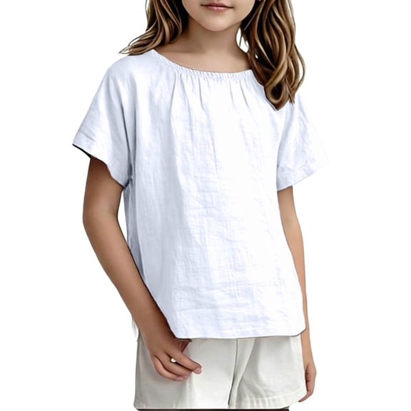 Girls Linen Tops Short Sleeve T-shirts Solid Color Casual Summer Cozy Tees Loose Fit Crew Neck Tshirts (1-2 Years, White)